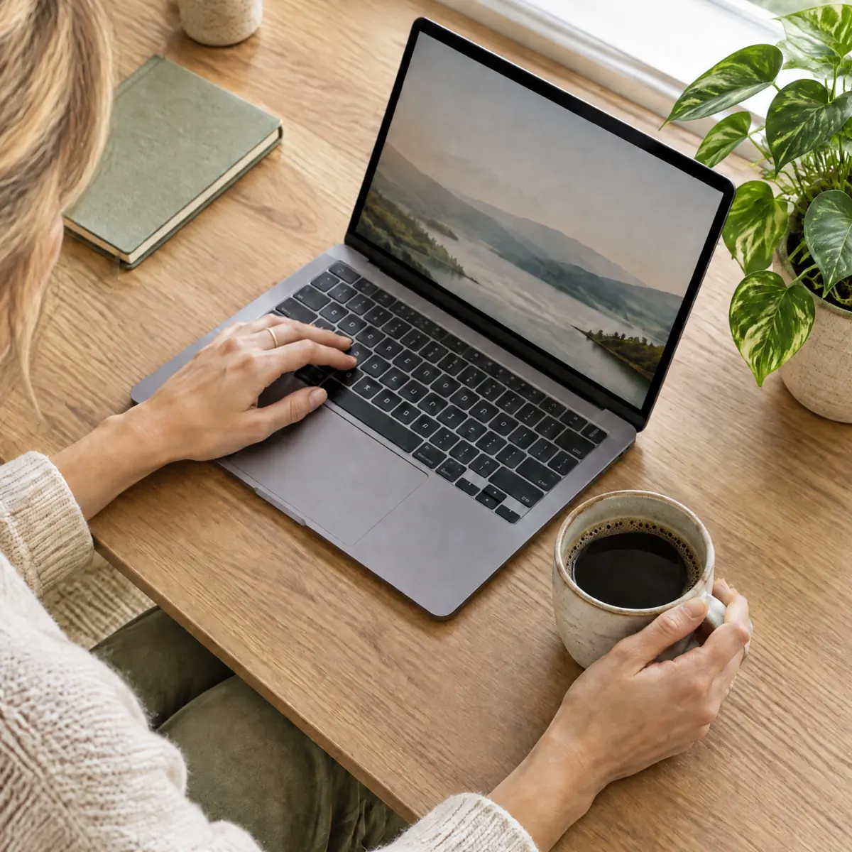Working on a laptop with a coffee at home
